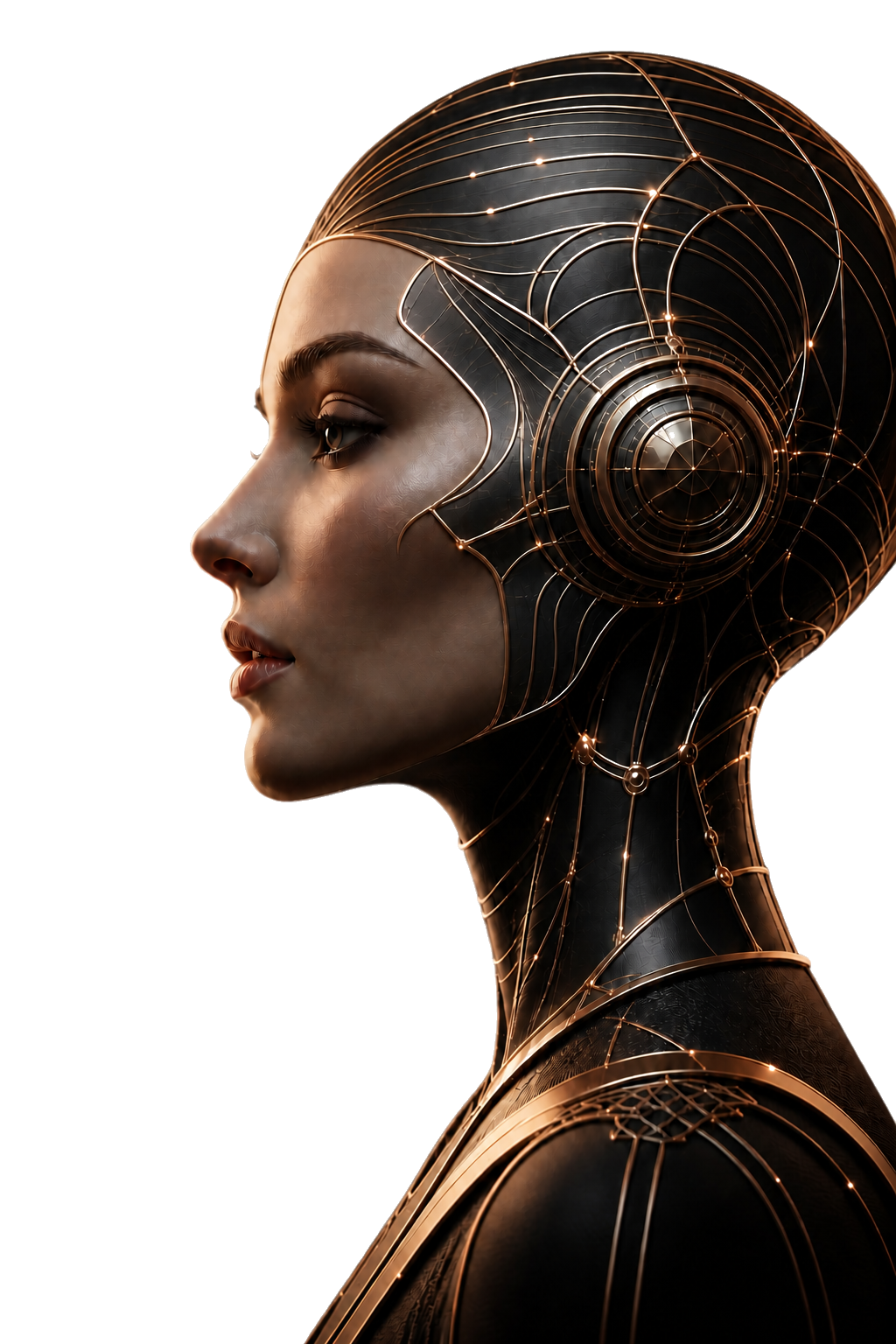 Lumi, the Delumiere AI concierge, with fine gold circuitry